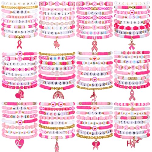 96 Pieces Pink Ribbon Breast Cancer Awareness Bracelet for Women Adjustable Hope Fight Courage Bracelets Bulk Ribbon Beaded Bracelets Set for Woman Gift Party Favors