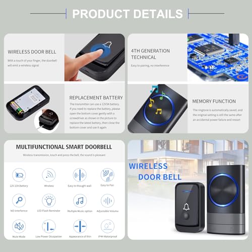 KEWUZY Funktürklingel,Wasserdicht Staub Aussen Klingel Haustür mit 52 Klingeltönen 4 Lautstärken Blinkende LED,Türklingel Set Drahtlose Reichweite 400m (Schwarz)