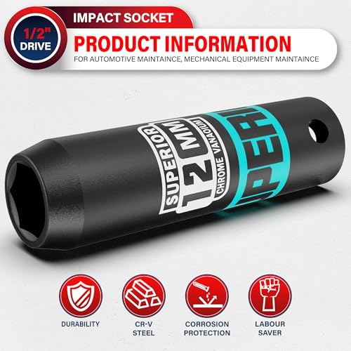 Image of 1 /2 inch Drive Impact Socket, 12 mm Deep Socket, Metric, 6 Point, CR-V, for Automotive Maintaince, Mechanical Equipment Maintaince