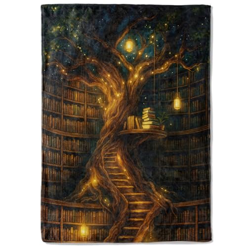 coedoaes Fantasy Book Tree Fleece Blanket,50x60in,Magical Library with Glowing Lanterns and Staircase Throw Blankets,Soft Cozy Lightweight, Ideal for Bed Living Room Home Romantic Decor,Women Gifts