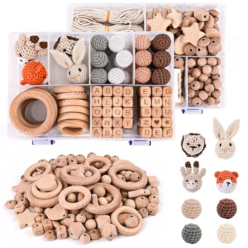 Gaethra 322 Stück Holzperlen Basteln Set, Verschiedene Formen Holzkugeln mit Loch zum Auffädeln, Buchstaben Gehäkelt Holzringe Kit für DIY Dekorationen, Weihnachts-, Erntedank-, Halloween-Geschenke