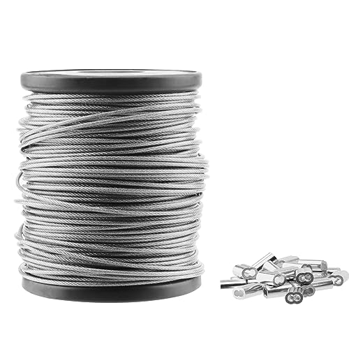 NAMYEUT 50 m x 1,5 mm cuerda de acero inoxidable, cable de acero inoxidable, cable de acero revestido de 1,5 mm con 40 casquillos de aluminio, 7 x 7 hilos de alambre de acero inoxidable para colgar
