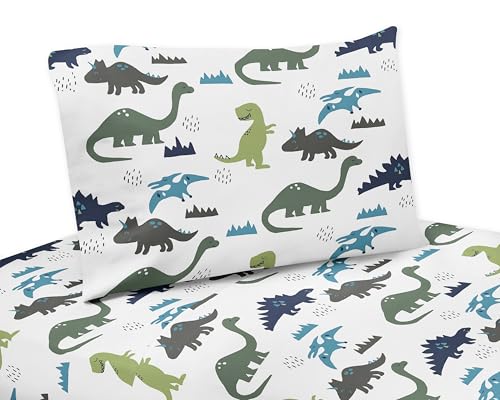 Sweet Jojo Designs 4-Piece Full Size Sheets Set (Blue Green Dinosaur) for Boys Kids Childrens Breathable Bedding incl. Bed Flat Fitted Sheet & Pillow Cases (Modern Dino Dinosaurs Theme T-Trex)