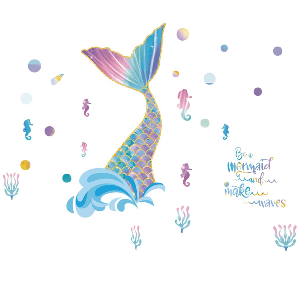 Buiory Mermaid Tail Wall Decals – Colorful 3D Peel & Stick Ocean Decor For Nursery & Playroom (15.7x35.4”)