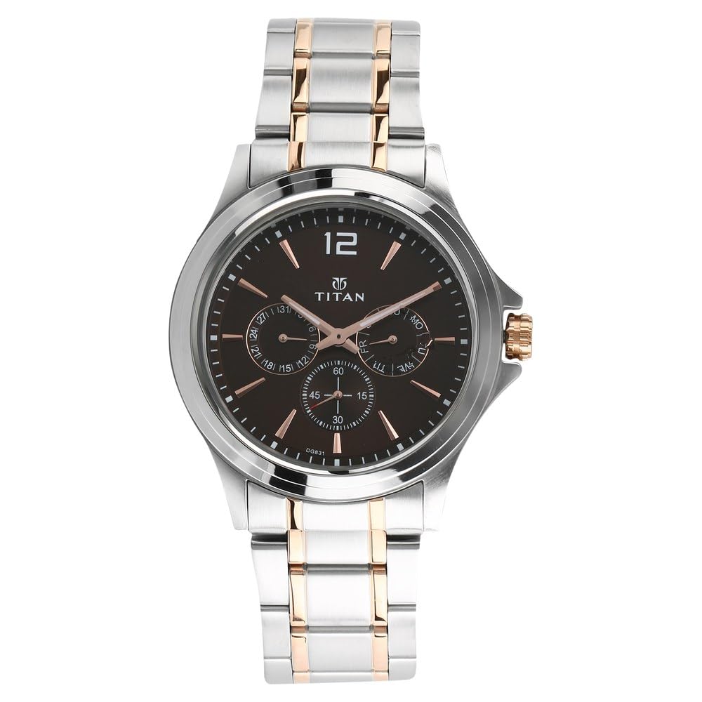 TITAN Workwear Men’s Chronograph Watch | Quartz, Water Resistant, Stainless Steel Band | Silver Band and Brown Dial, Black, Chronograph