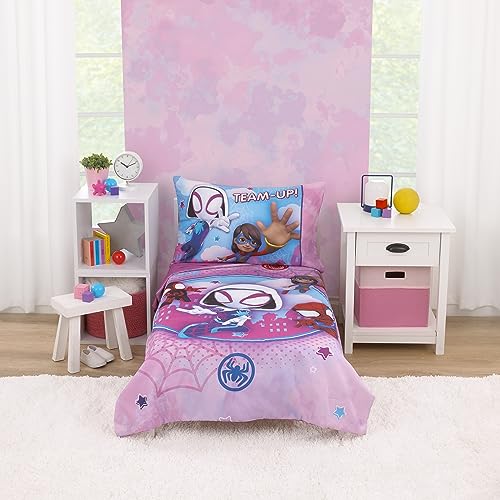 Image of NoJo Marvel Ghost Spider, Go Ghosty Purple, Pink, and Blue 4 Piece Toddler Bed Set - Comforter, Fitted Bottom Sheet, Flat Top Sheet, and Reversible Pillowcase