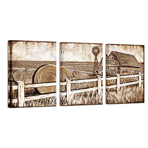 Simiwow 3 Panel Farmhouse Canvas Wall Art Farmhouse Painting Old Barn Pictures Living Room Bedroom Home Decor (12"X16"X3 Panels) #TOP23