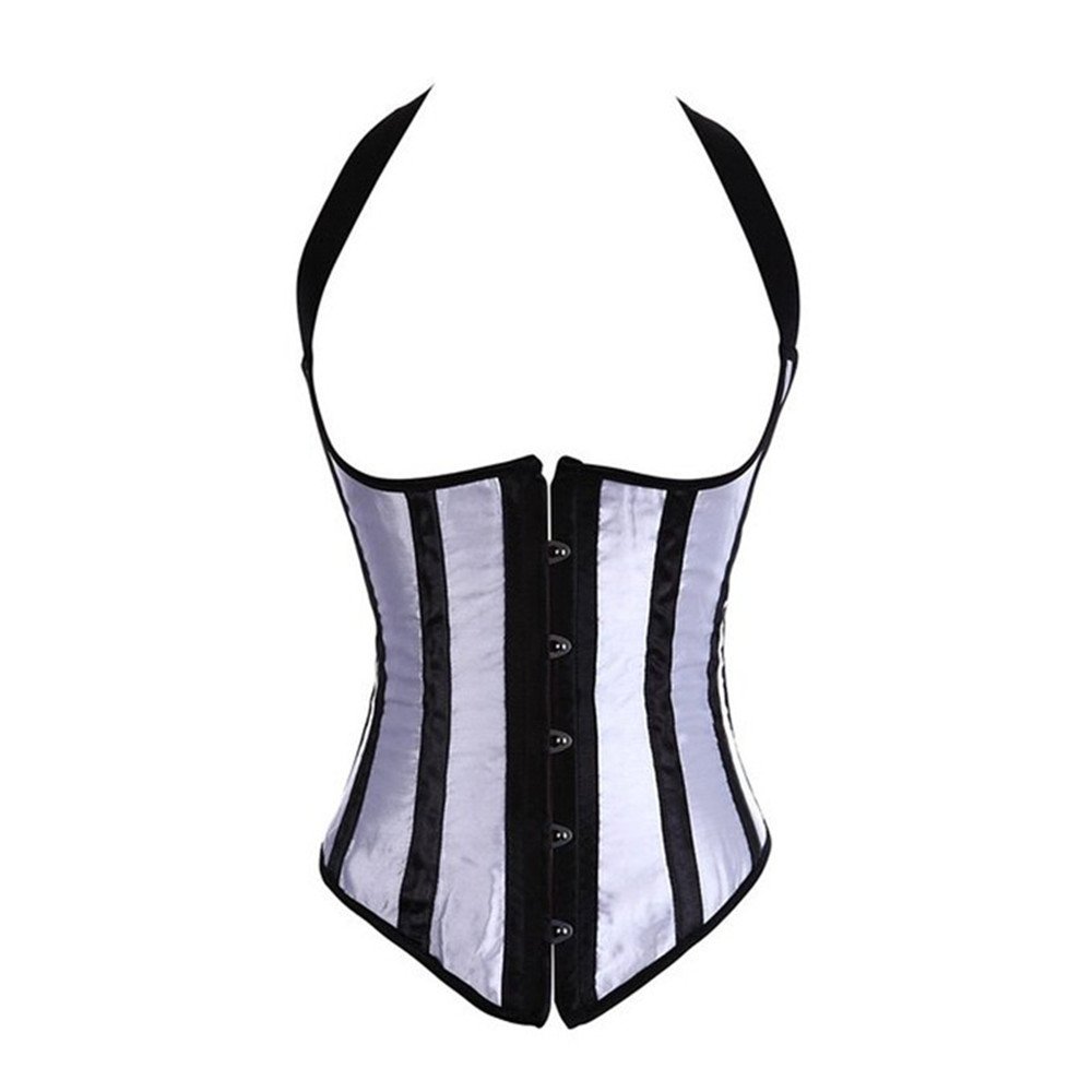 jutrisujo Sexy Underbust Corset Basques and Corsets Plus Size Bustier Halter Stripe Women top Victorian Costumes White m