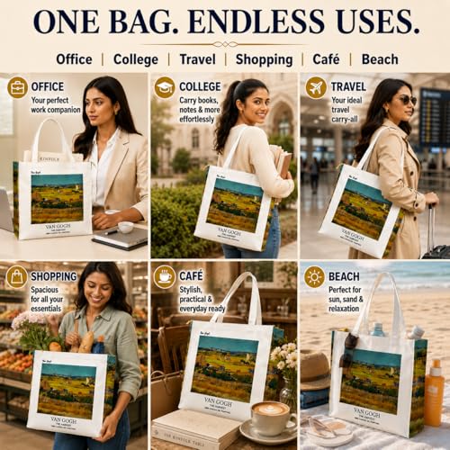 Image of Artsy Canvas Tote Bag for Women | Zipper Closure, Bottle Holder & Keychain Hook | Premium Cotton Canvas Bag for Travel, College, Office | Reusable Shopping Tote Bag Gift