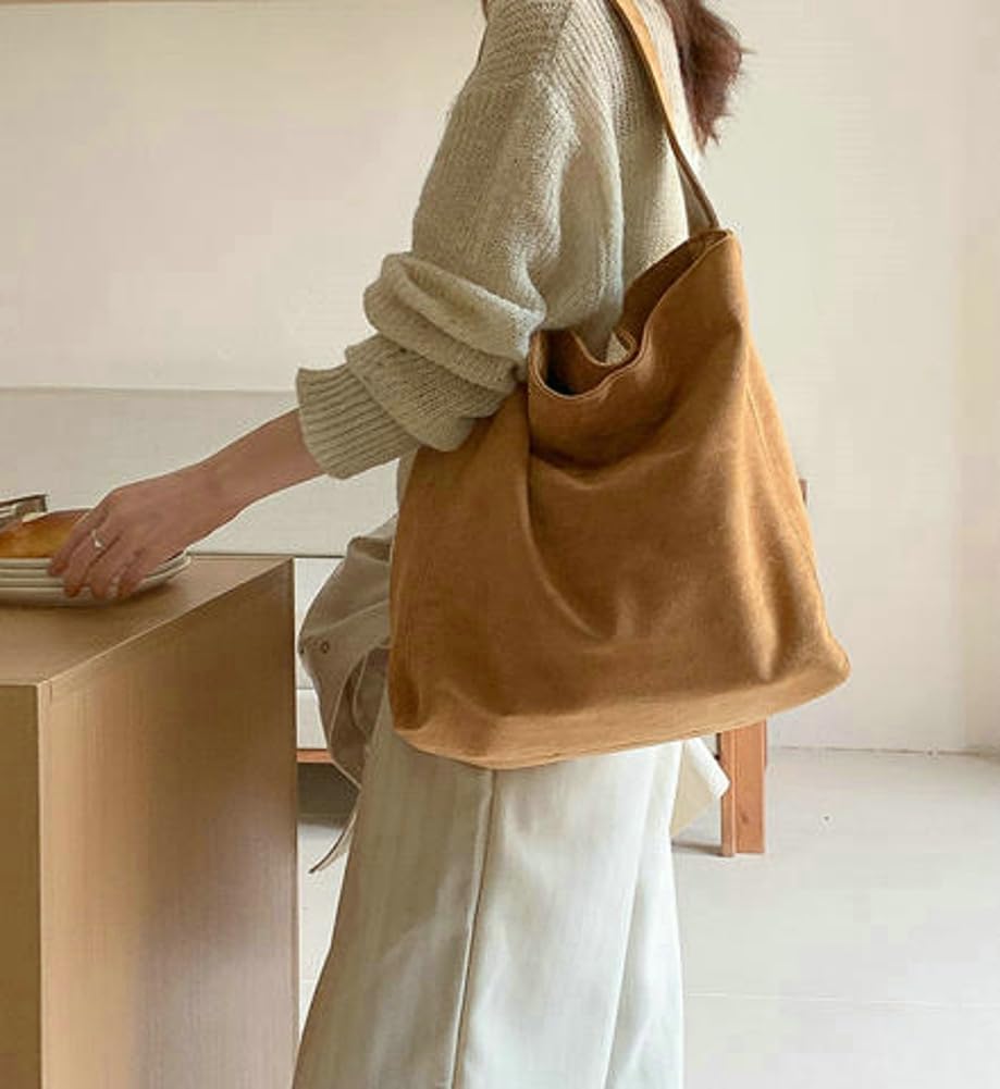 Women's Suede Hobo Tote Bag Casual Shoulder Slouchy Bag Stylish Handbag Fall Winter Large Pocket Bag Magnetic Closure