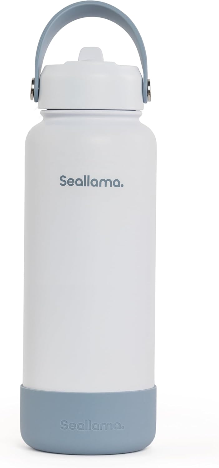 SEALLAMA Stainless Steel Wide Mouth Water Bottle - 2 Lids (Flex Straw Lid) and Double-Wall Vacuum Insulation - Leak Proof, BPA-Free, for Travel, Sports, School, and Car (Coastal Blue, 40 Ounces)