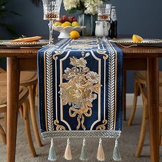 Luxury Table Runner with Multi-Tassels, Long Elegant Embroidery Jacquard Table Runner Dresser Scarf for Dining Room Party Banquet Coffee Table, Blue, 14x120inch