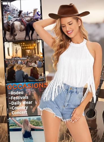 Image of Ella Lust Women Western Fringe Bodysuit - Cowgirl Country Concert Outfit Boho Tassel Hem High Cut Skinny Festival Tank Top