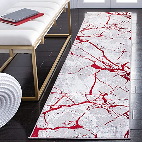 Safavieh Contemporary Rug for Living Room Dining Room, Bedroom - Amelia Collection, Short Pile, in Grey and Red, 61 X 213 cm