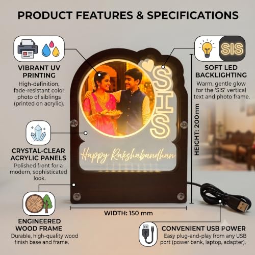 Image of lampees Personalised Happy Rakshabandhan LED Photo Frame, 200x150 mm | UV Printed Acrylic, Soft LED Backlight, Wood Frame Base, USB Powered, Sibling Keepsake