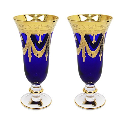 Interglass Italy Set of 2 Crystal Glasses, 24K Gold-Plated (Champagne Flutes, Blue)