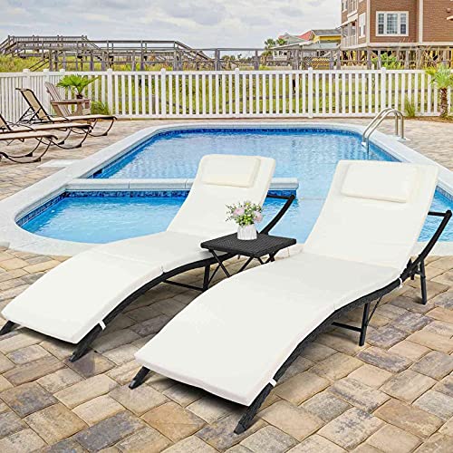 Frithjill Patio Chaise Lounge Chair With Coffee Table,3 Pieces Adjustable Outdoor Cushioned Pool Folding Rattan Chair #TOP14