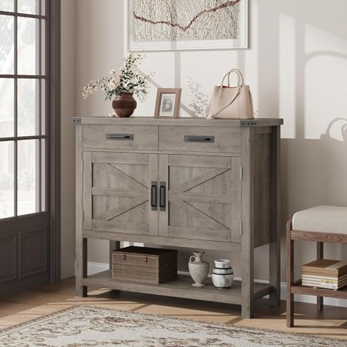 GarveeHome Farmhouse Entryway Table with 2-Door & 2 Drawers, Wood Console Table with Storage, Coffee Bar Cabinet, Sofa Tables Buffet Sideboard for Kitchen, Hallway, Dining, Living Room-Grey