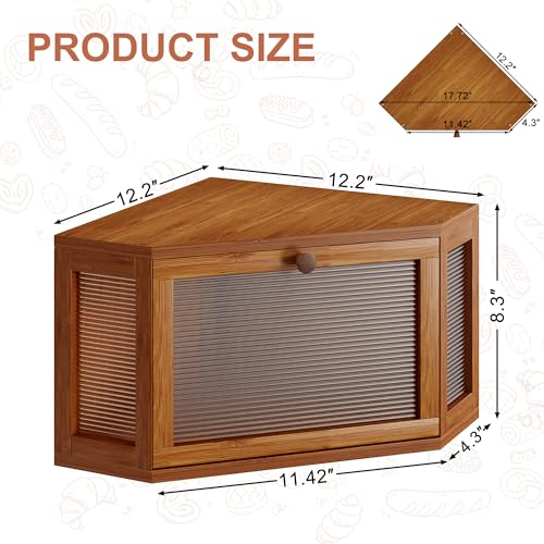 Image of WOWLIVE Corner Bread Box for Kitchen Countertop, Bamboo Bread Storage Container, Large Farmhouse Bread Holder with Acrylic Wavy Door Panel, Multi-functional Container, Caramel