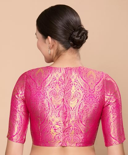 Image of Studio Shringaar Women Brocade Silky Jewel Neck Readymade Elbow Length Sleeve Saree Blouse