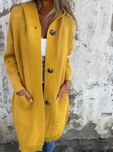 Cozy Hooded Knit Cardigan Women, Long Sleeve Button Front Cable Knit Long Open Front Cardigan Sweaters with Pockets3