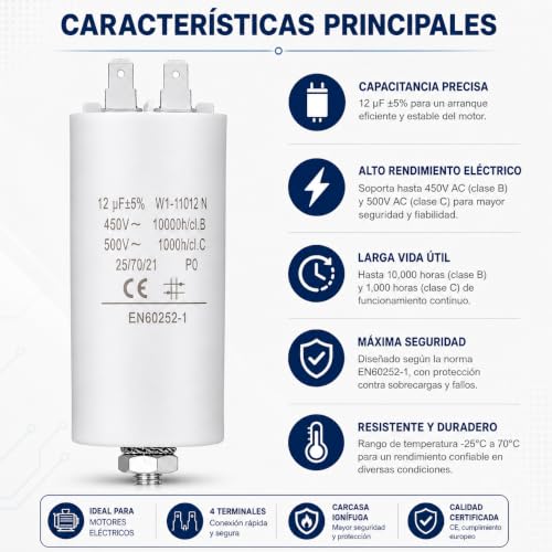 Miniatura 3 de Cablepelado Condensador De Arranque Para Motor Eléctrico Condensador Permanente Monofásico 4 Terminales Apto Para Bombas, Compresores, Lavadoras, Maquinas De Aire 450 Vac 12.0 Uf