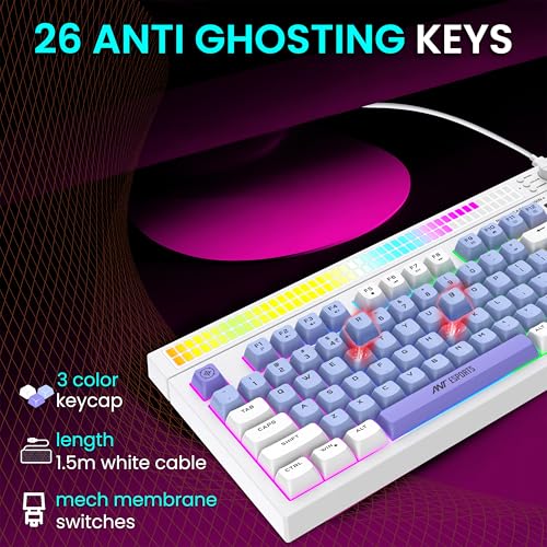 Image of Ant Esports MK1900 RGB Wired Gaming Keyboard with Volume Knob & Alarm Clock, 93 Keys + 6 Macro Keys, Mechanical Feel Membrane, DIY Backlit Effects, Compatible Windows /Mac /Linux - White /Purple /Blue