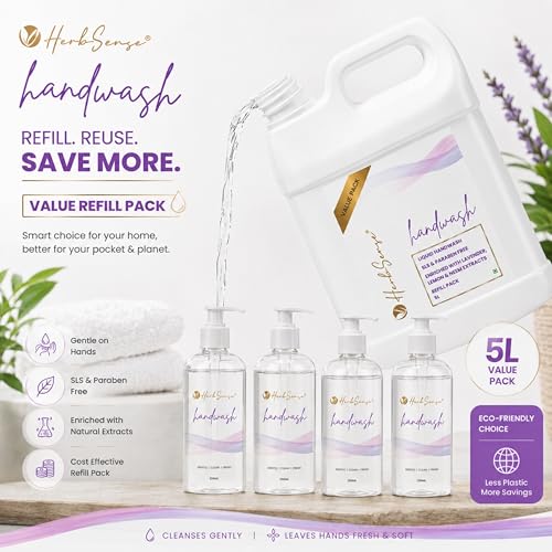 Image of Herbsense Liquid Handwash 5L | No Aritificial Fragrance & Color | Enriched With Coconut Based Cleansers | Lavender, Neem & Lemon Extract | SLS & Paraben Free Herbal Handwash | 5 Litre Refill Pack