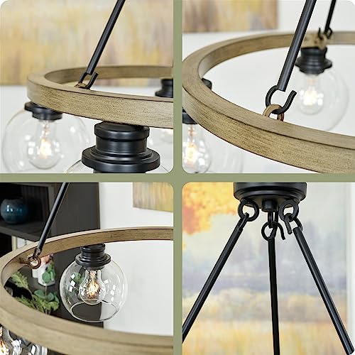 Kira Home Elwood 24.5" 5-Light Industrial Rustic Farmhouse Wagon Wheel Chandelier + Clear Glass Globe Shades, Smoked Birch Wood Style + Black Finish #TOP4
