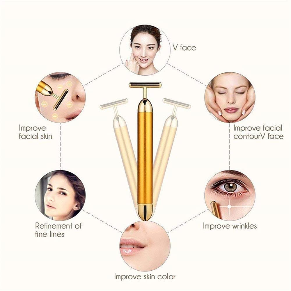 HEVIR 24k Gold Energy Beauty Bar - Electric Vibration Facial Massage Roller, Waterproof, T-Shaped Anti-Wrinkle Massager for Forehead, Cheek, Neck, Clavicle, Arm 4