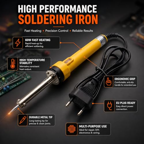 Image of Witty Fox Soldering Iron 60W with EU Plug for Electronics Repair, Wiring, PCB Work, DIY Projects & Home Use | Fast Heating Electric Soldering Iron for Circuit, Cable & Hobby Use