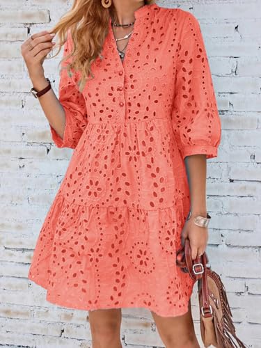 utcoco Women's 2025 Eyelet Lace Midi Dress V Neck Puff 3/4 Sleeve Button Tiered Sexy A Line Sun Dress3