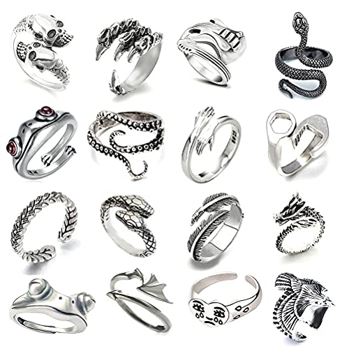 FUNMIX Juego de Anillos Punk Vintage de 16 Piezas, Lindo Anillo Abierto de Animales Anillos góticos apilables Ajustable Fresco gótico Rana dragón Serpiente Juego de Anillos Regalo de joyería Cover