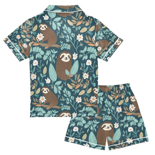 senya Sloth Satin Summer Pajama Sets Silk Short Sleeve Button Down Sleepwear2