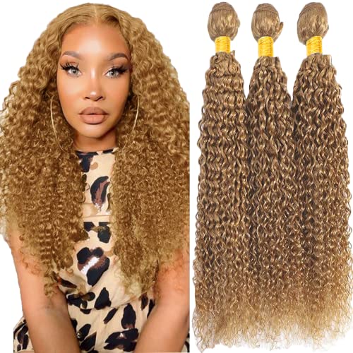 #27 Bundles Honey Blonde Bundles Human Hair Blonde Kinky Curly Bundles Human Hair 24 26 28 Inch Double Weft Weave Extensions Hair Soft And Healthy 8A Grade Brazilian Honey Blonde Curly Bundles