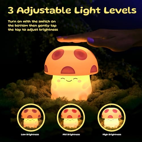 Mushi Ambient Mushroom Night Light, Cute Silicone Squishy Light Up Mushroom Lamp, Tap-Sensitive 3 Level Dimmable Nightlight, Easter Gifts for Kids, Battery-Powered Touch Lamp, Baby Nursery Decor