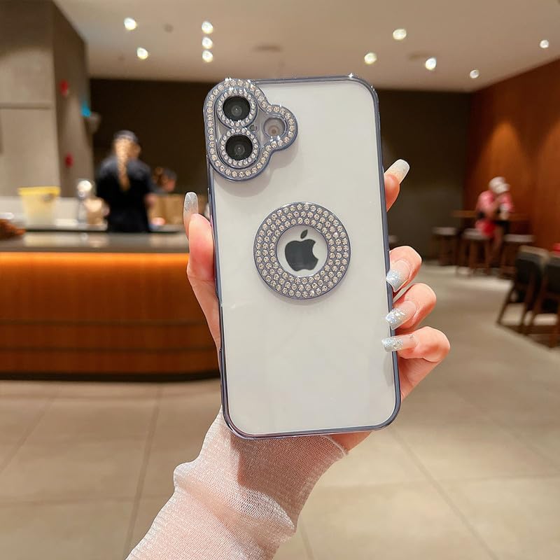 Image of LuxuryKase Sparkling Crystal Clear Case for iPhone 16 Plus | Logo Cut | Soft Protective TPU Case | Diamond Camera Lens Protector - Blue