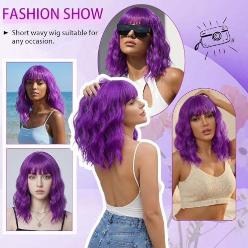 Image of Pastel Dark Purple Wavy Bob Wig for Women, Short Shoulder Length Synthetic Wig with Bangs, Matte Natural Realistic Look Lightweight Hairpiece, Purple Color for Daily Wear & Cosplay Costume