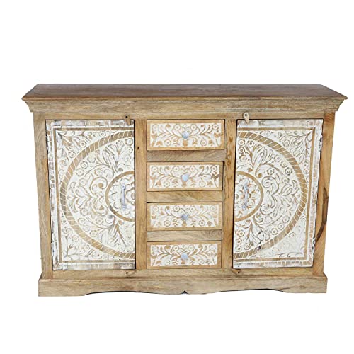 Casa Moro Cómoda oriental Harnur de madera maciza, 142 x 41 x 96 cm (ancho x profundidad x alto), parte frontal tallada a mano, artesanía pura, aparador mandala | MA29-240
