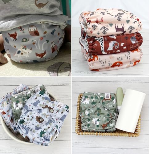 Mama Koala 3.0 Cloth Diapers for Babies with AWJ Lining, 6 Pack with 6 Natural Cloth Diaper Inserts - Reusable and Washable Pocket Diapers (Animals in The Forest)