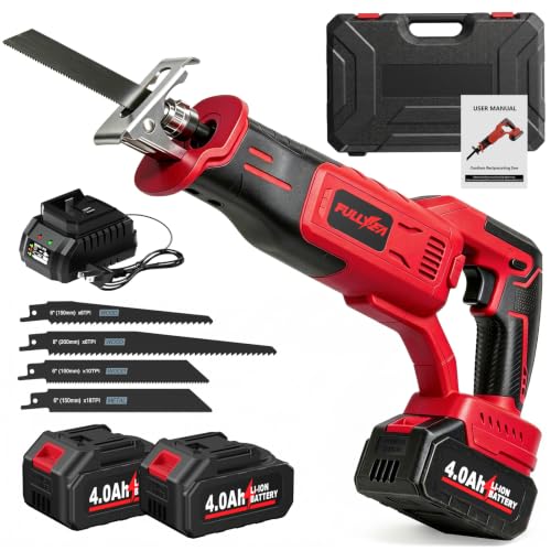 FULLYEA Reciprocating Saw Cordless, 3500 SPM Brushless Reciprocating Saws, Tool-Free Blade Change, Power Reciprocating Saws with 2*4.0Ah Battery & Charger, Cordless Saw for Wood/Metal/Plastic Cutting