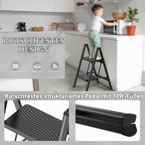 HBTower Trittleiter 2 Stufen Klappbar, Leichtes und Kompaktes Klapptritt mit Rutschfesten Stufen, Robuster Stahlrahmen, 150 kg Tragkraft, Tragbar für Haushalt und Küche