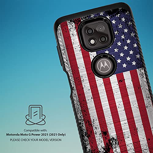 CasesOnDeck Hybrid Case Compatible with [Motorola Moto G Power (2021 ONLY) / G Power Case] [Brushed Armor] Slim Shock Protecting Cover (American Flag)