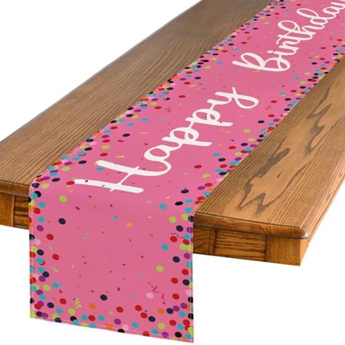 Artoid Mode Polka Dot Pink Happy Birthday Table Runner, Seasonal Kitchen Dining Table Decoration for Home Party Decor 13x90 Inch