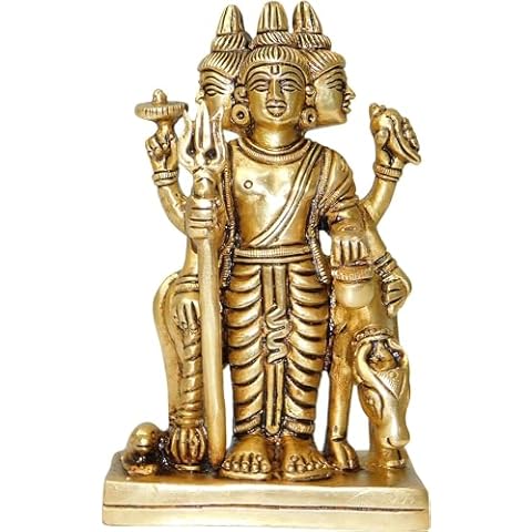 Royal Kurta Brass Lord Dattatreya Trimurti Brahma Vishnu Mahesh Tridev Figurine Idol Datatrey with Auspicious Cow Sculpture Murti Statue 4 Inch Cover