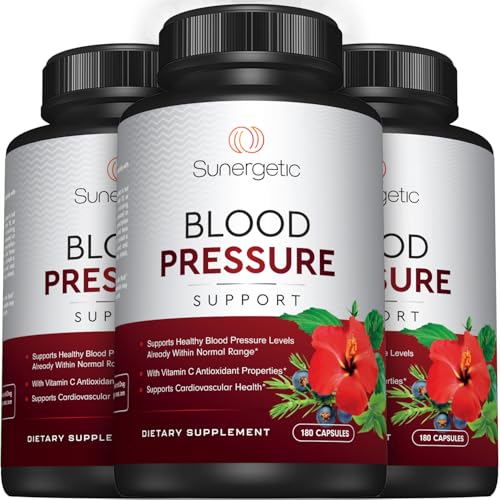 Image of Sunergetic Premium Blood Pressure Support Supplement for Cardiovascular & Heart Health with Garlic, Hawthorn & Hibiscus (180 Capsules)