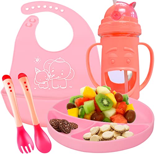 Conjunto Introdução Alimentar Prato de Silicone Com Ventosa Talheres Garfo Colher Muda de Cor Babado