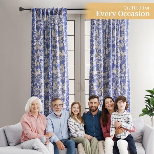 Image of Maison d' Hermine Curtains for Living Room 100% Cotton 50 inchx96 inch (Pack of 1) | 96 inches long Light Filtering Toile Curtains for Windows with Rod and Loop Pockets - Joli Jouy - Blue