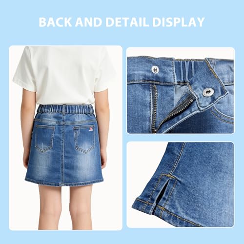 Image of ABALACOCO Jean Skirt for Girls 2Pack Denim Mini Skirt Shorts A-Line Kids Dress,Stretchy Waist Cotton Soft Button Wear 3-14T