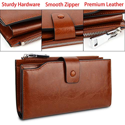 Image of YALUXE Women's RFID Real Leather Wallet with 21 Card Slots Phone Pocket | Waxed Leather, RFID Blocking, 20 Credit Card Slots, 1 ID Window, 3 Slit Pockets, Bill, Ticket, Phone Pocket
